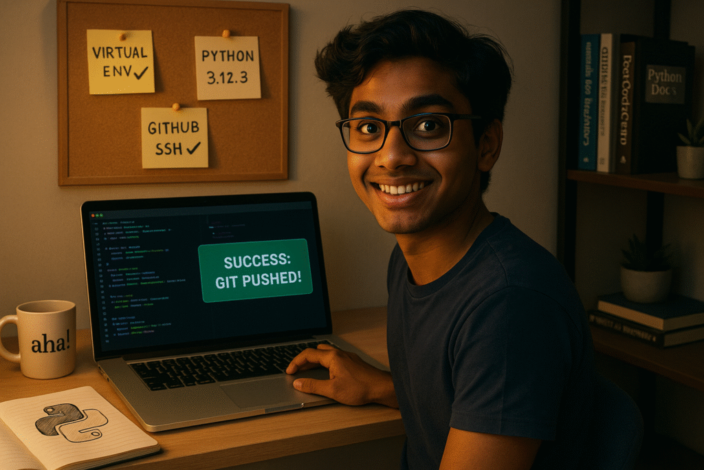 A beginner coder realizing success after setting up Python, Git, and VSCode properly, showcasing a confident smile, clean workspace, and visual elements like GitHub, Python books, and setup notes.

